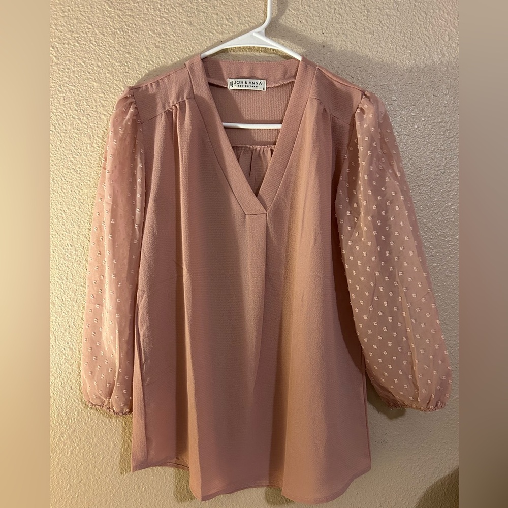 Jon & Anna Blush V-Neck Blouse with Sheer Sleeves